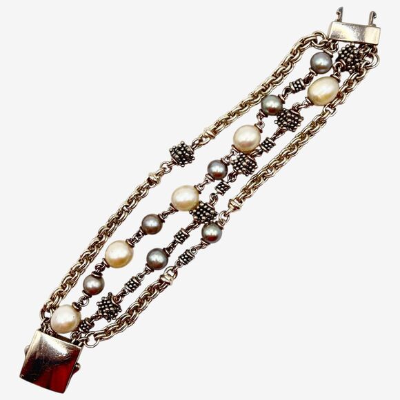 MICHAEL DAWKINS 7.5” 925 Sterling Silver Four Strand Gray & White Pearl Bracelet
